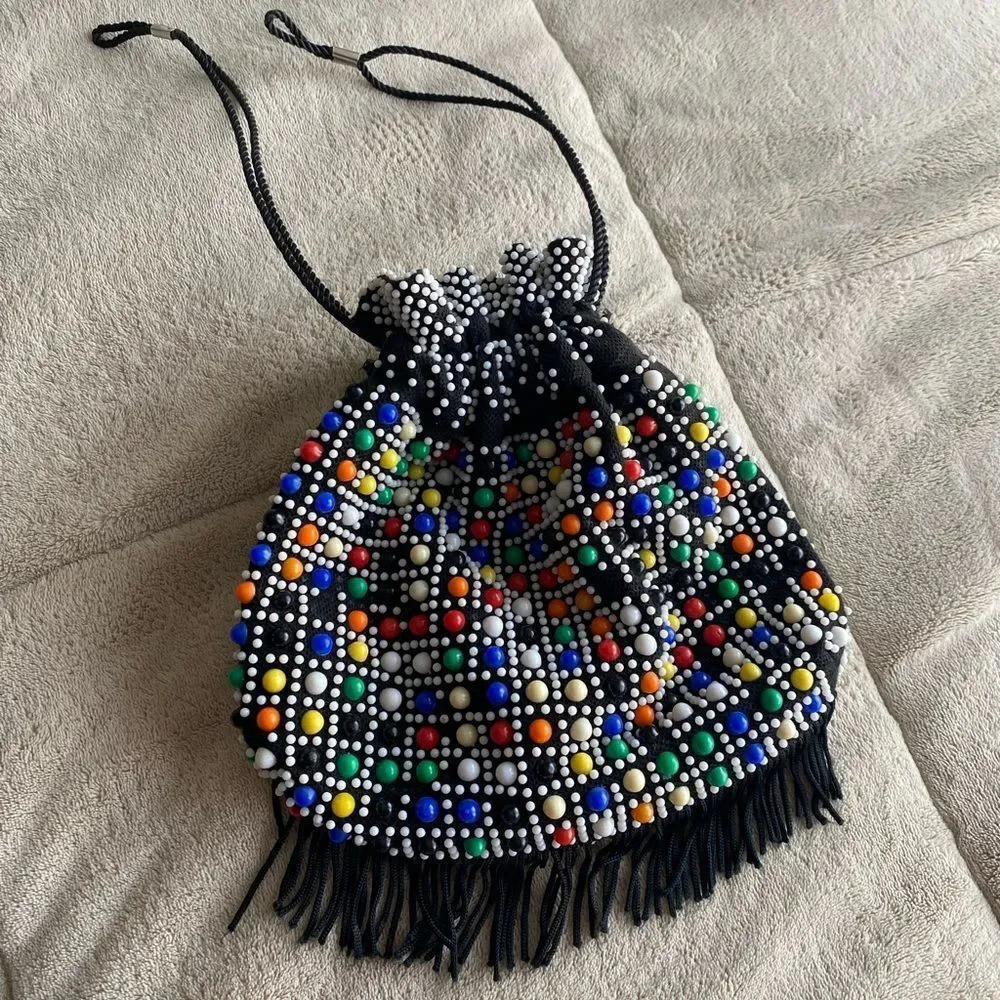 Vintage Colorful Beaded Black Drawstring Bag - 1970s Bingo Bag